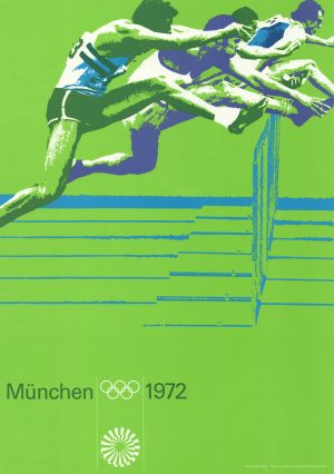 Original aus 1972 ist das Plakat von Huerdenlaufen bei den olympischen Spielen in München